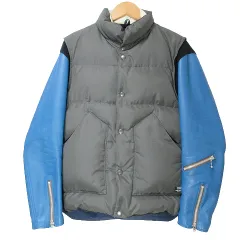 アンダーカバー UNDERCOVER 袖レザー ダウンジャケット 切替 UISM スタンドカラー 2 M相当 オリーブ ブルー Xのサムネイル