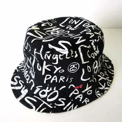 ステューシー STUSSY ハット 帽子 バケットハット ロゴ 総柄  Big Cities Bucket 黒 ブラック L ぼうし ボウシ レア 希少