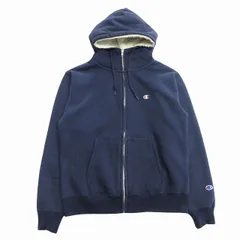チャンピオン CHAMPION 裏ボア ジップアップ パーカー フード スウェット カットソー ワンポイント M 紺 ネイビー メンズ