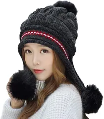 Coco&Mary(ココマリ) ニット帽 レディース ポンポン 付き あったかい 裏ボア 冬 帽子 耳当て キャップ 防寒( ブラック,  Free Size)