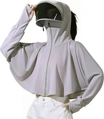 CHOOSEWAY ラッシュガード レディース 長袖 UVカット 通気性 サンバイザー 取り外し可能 つば広 フード付き 軽量 薄手 日焼け対策ウェア 紫外線対策( グレー,  Free Size)