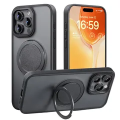 【MagSafe対応・スタンド付き】Mcoifull iPhone 15 Pro Max用ケース、マグネット搭載、ワイヤレス充電対応、耐衝撃、マット感、半透明、指紋防止、アジャスタブルスタンド、ブラック 1