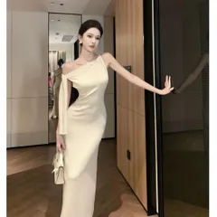 美しいラインのアシンメトリーデザイン ロングタイトドレス【パーティー】