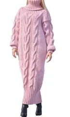 【ピンク】ワンピース ケーブルニット タートルネック 長袖 ロング 暖かい 秋冬 体型カバー おしゃれ