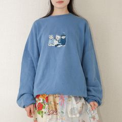 スウェット トレーナー 猫 アニマル 刺繍 ファンシー ブルー ライトブルー 水色 パステル 3XLサイズ 古着【UR-0591】