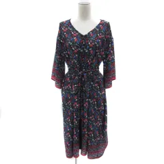 ビス ViS シャツワンピース ミモレ丈 八分袖 Vネック 花柄 リボンベルト付き F マルチカラー 紺 ネイビー /YS19