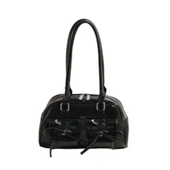 リボン付き エナメル ミニボストン ショルダー バッグ ツインポケット＆光沢フェイクレザー レディースバッグ 肩掛け