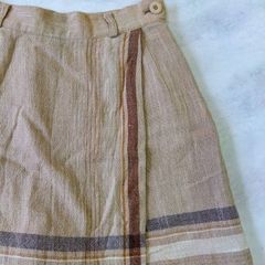 ☆ 春物 爽やかストライプ柄 麻混巻きスカート風キュロット S〜M相当 ベージュ 日本製