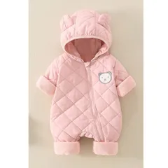 ☆ ピンク ☆ 90cm ☆ ベビージャンプスーツ pk23113 ベビー ジャンプスーツ カバーオール ロンパース アウター ベビー服 子供服 長袖 フード付き ファスナー 前開き 裏起毛 防寒 あたたかい お出かけ お散歩 雪遊び かわいい カワイイ