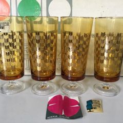 か54 昭和レトロ　アデリア　アンバー脚つきグラス4脚　レトロ