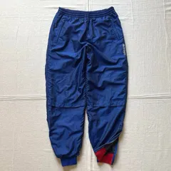 〜90s　vintage　old adidas　オールドアディダス　ラメ入りワンポイントトレフォイルロゴ刺繍　ナイロントラックパンツ　ジョガーパンツ　ジャージ　ウエストドローコード　アクションプリーツ　裾ジップアップ　裾リブ　ブルー　XL　デサント製　Y2K