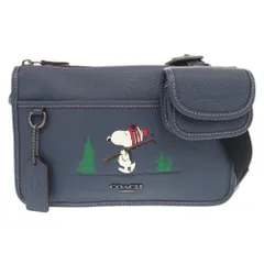 新品同様 コーチ × PEANUTS スヌーピー ミニポーチ付き レザー ネイビー ショルダーバッグ 0425 COACH