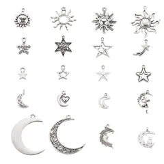【迅速発送】約100個入り 20種類 アンティークシルバー 合金ペンダント 太陽 月 星 チベット風 金属チャーム アクセサリーパーツ ジュエリー用 DIY ハンドメイド 手芸材料 手作り素材 クラフト用品 収納ケース付き