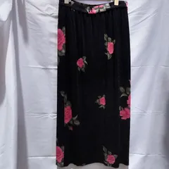 【美品】日本製 伊万里  ロング スカート ウエスト ゴム  黒 ブラック 裏地 薔薇 バラ ロゴ  柄物 Mサイズ Lサイズ レディース 婦人服  伸縮 11号 ゆったり 古着 レトロ