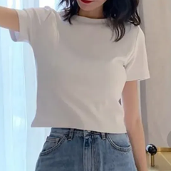 ショートクロップド 無地ミニTシャツ　レディース　白　M  ヘソだし　チラ見せ