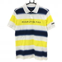 ★特価★【超美品】パーリーゲイツ 半袖ポロシャツ 白×イエロー×ネイビー ボーダー フロントロゴ刺しゅう メンズ 5(L) ゴルフウェア PEARLY GATES
