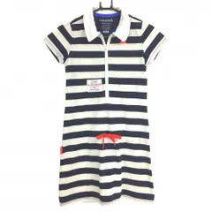 【美品】ルコックゴルフ 半袖ポロワンピース ネイビー×白 ボーダー ウエスト調節紐  レディース M ゴルフウェア le coq sportif