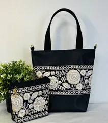 【裁縫ストア・ボヌール】大人かわいい　 インド刺繍リボン　花柄　ブラック　トートバック　ポーチ/サコッシュ　ショルダーバッグ　ハンドバッグ　ハンドメイド　ショルダーストラップ付き　ゴージャス  / №500-511