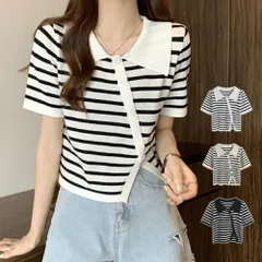 ボーダー襟付きニット レディース カジュアル 春 夏 秋 韓国ファッション 10代 20代 30代 アシンメトリー ボタン 半袖 モノトーン かわいい