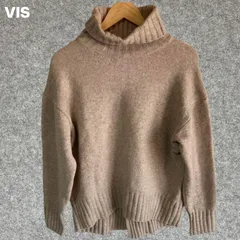 vis ベージュ ハイネック リブ編みセーター Fサイズ