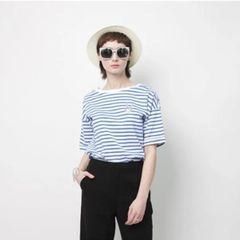 韓国ファッションブランドFIFI LAPIN ボーダーレディースクールネック半袖Tシャツ