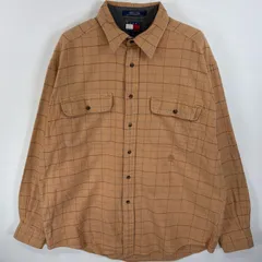 古着 90's/90年代 トミーヒルフィガー TOMMY HILFIGER 長袖シャツ ネルシャツ ワンポイント ロゴ 刺繍 フラップポケ L  ブラウン系 チェック メンズ