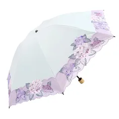 [シノワズリーモダン]日傘 折りたたみ レディース１級遮光 UVカット 晴雨兼用 カットワーク刺繍 オーガンジー 3段折りたたみ 軽量 紫陽花刺繍 (ミント)