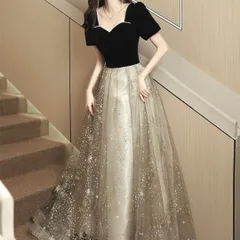 星柄が大人可愛い パフスリーブロングイブニングドレス?.?