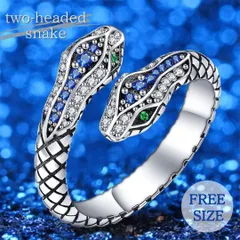 【普通郵便発送】 リング 二頭を持つヘビ ブルービーズ ガラスカット スネーク 蛇 snake 指輪 韓国ファッション シルバーカラー  メンズ レディース リッチ 重量感 アクセサリー プレゼント ギフト クラブ ヒップホップ メタル ファッション