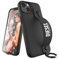 新品 DIESEL iPhone13 ケース レザー ハンドストラップ スマホケース グリップ & スタンド付き FW21（ディーゼル ブランド ロゴ iPhone 13 ケース ブラック）