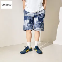 新品 CORISCO コリスコ 総柄 プリント ショートパンツ ミニ裏毛 スウェット ハーフパンツ 短パン  スウェットショーツ スウェットパンツ メンズ ユニセックス ボーダー デイム  ネイビー 白 紺 M L LL 11.デニムパッチワーク 621911