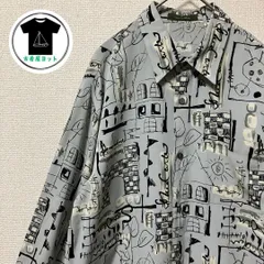 手書き風　デザイン　ポリシャツ　絵画柄　総柄　シャツ　長袖　Lサイズ　奇抜　レトロ古着　アート