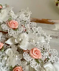 ୨୧バラモチーフ　リボン　パールのお花レース　再入荷！ ＊ 45cm単位　縦　約30mm　୨୧