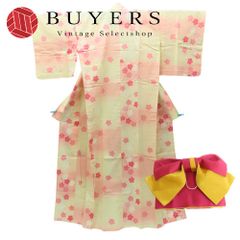 【中古】 浴衣 2点セット 作り帯 ポリエステル 綿 ピンク系 クリーム イエロー バイカラー リボン 可愛い 和装 呉服 和服 きもの レディース 女性