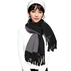 [Hopsooken] マフラー レディース 人気 カシミヤタッチ ストール 大判 マフラー ファッション 冬 厚手 両面 使える 無地 学生 誕生日プレゼント フリンジ生地 襟巻き 秋冬定番 クリスマスプレゼント (ブラックグレー)