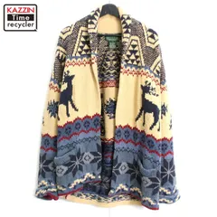 90s vintage POLO COUNTRY ノルディック柄 リネン×コットン ショールカラー ガウン ニットカーディガン メンズ 表記Mサイズ