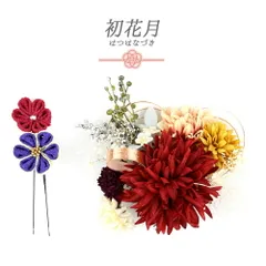 髪飾り 成人式 水引 つまみ細工 赤 振袖 袴 花 2点セット ちりめん 黄色 ピンク 紫 白 ゴールド 菊 かすみそう 組紐 リーフ 葉 No.12-0416