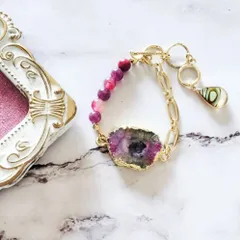 ブレスレット(レインボーソーラークォーツ、スギライト、クンツァイト、雫型アバロンシェル)　3段階長さ調節可