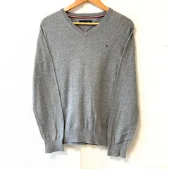 (^w^)b TOMMY HILFIGER トミーヒルフィガー Vネック ニット セーター 長袖 薄手 Vガゼット アメカジ ストリート 通学 通勤 ロゴ刺繍 お洒落 トップス グレー 灰色 メンズ 男性 サイズ L