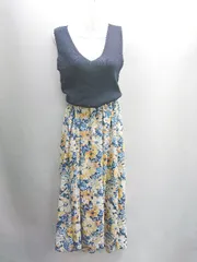 ◇ ⊂ Andemiu 花柄 リブニット 切替 ノースリーブ ロング ワンピース サイズF ネイビー イエロー レディース E  【1411210001937】