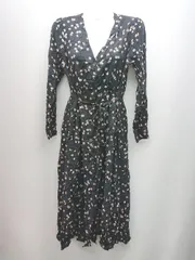 ◇ UNIQLO ユニクロ フロントボタン 花柄 春向け フェミニン 長袖 ロング丈 ワンピース サイズM ブラック レディース E  【1310130044430】