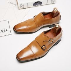新品特売■ビジネスシューズ メンズ 牛革 レザーシューズ モンクストラップ シークレット 革靴 フォーマル 紳士靴 快適 ブラウン 24.5~27.5cm
