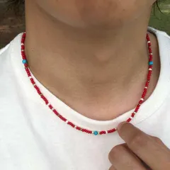 メンズ ビーズネックレス ターコイズ 赤 40cm
