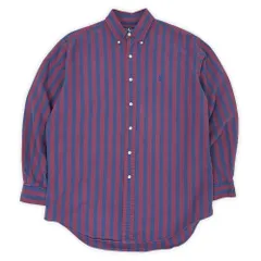 ポロラルフローレン POLO RALPH LAUREN 90s 90年代 初期 ストライプ柄 ボタンダウンシャツ BD オックスフォード ロゴ刺繍 USA アメリカ ヴィンテージ 古着 メンズ ネイビー×バーガンディー M【中古】