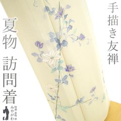 【中古】 夏物 訪問着 単衣 着物 リサイクル 正絹 絽 手描き友禅 金彩加工 薄黄ベージュ色 鉄線 花 夏 フォーマル 夏着物 夏用 着物 パールトーン加工済み 背伏せ仕立て 仕立て上がり 身丈164 裄丈67 Ｌサイズ みやがわ sb16125