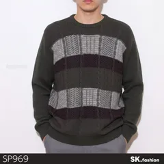 美品 WEATHERCOCK ウェザーコック トップス ニット 長袖 幾何学柄 クルーネック リブ袖 配色切り替え 　カーキ　 【SP969-00】 送料無料　古着　メンズのサムネイル