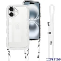 iPhone 16 用 ケース クリア ショルダー iPhone16 用 カバー 首掛け 肩がけ 斜めかけ 紐付き ストラップ付き アイフォン16 用 ケース 韓国 可愛い かわいい 透明 薄型 シリコン TPU バンパー スマホケース ホワイト 2874
