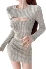 COCO&YUKA(ココアンドユカ) セクシー リブ ニット ミニ ワンピース タイト ジッパー ジップ 長袖 チャック ミニワンピ ミニ丈 タイトワンピース ロング スリーブ レディース(グレー,  M)