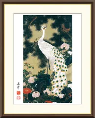 孔雀と花 掛軸 水彩画 日本画 絵画