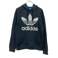 adidas プリントスウェット パーカー S ブラック ホワイト アディダス プルオーバー ビッグプリント 古着卸 アメリカ仕入 a709-6291